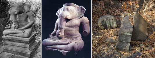 e gauche à droite, le Ganesha au centre du prasat Bak (H. Parmentier, EFEO, 1934), la statue bientôt restituée au Cambodge (Source: Ministère de la Culture et des Beaux-Arts du Cambodge), les fragments du piédestal sur site (C. Pottier, EFEO, 2004)