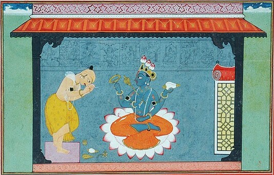 Jaydeva (the author of the Gīta-Govinda, xi century), bowing to Viṣṇu-Kṛṣṇa, Pahari miniature, circa 1750, The Government Museum and Art Gallery, Chandigarh/Wikimedia Commons, Public Domain.