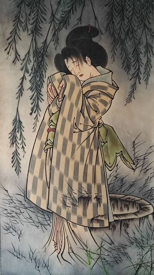 Fantôme sous un saule pleureur [couleurs sur soie, anonyme, détail (vers 1830), coll. privée.