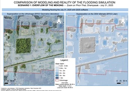 Exemple d’inondation d’une zone dans la cité ancienne : comparaison entre le relevé de l’inondation réelle et la simulation numérique (© Projet CHAMPA).