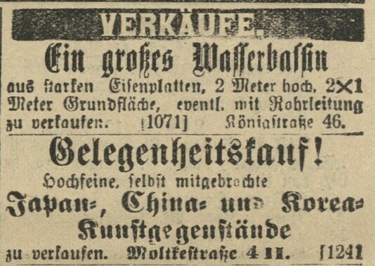 Advertisement for artwork from China, Japan and Korea. Lübecker Anzeigen Morgenausgabe 13 März 1904, Morgenblatt Nr. 133, Jahrgang 154, S. 4 © Lübeck City Library
