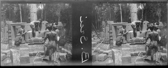 Glass plate, Banteay Srei anastylosis site, Cambodia, reassembling the blocks of the south tower, 1931-1933, (EFEO_MARH02698).
