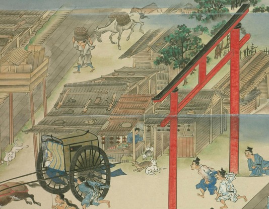 Machiya médiévale sur le marché de Shijō. Dessin reproduit à partir du rouleau no 7 des "Peintures de la vie du saint homme Ippen" (Ippen hijiri-e, 1299)