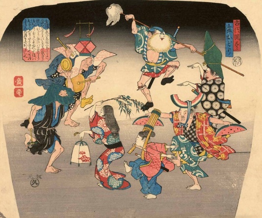 Hiroshige, La danse de la fête des morts, gravure sur bois pour éventail, vers 1843-1846 © Fundacja Jerzego Leskowicza.
