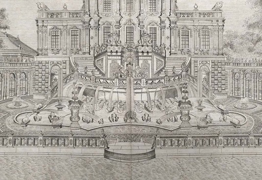 Palais de l'harmonie, des merveilles et des délices, ancien palais d'été Yuanmingyuan, Pékin, fontaines et jeux d'eau, gravure, 1783, détail