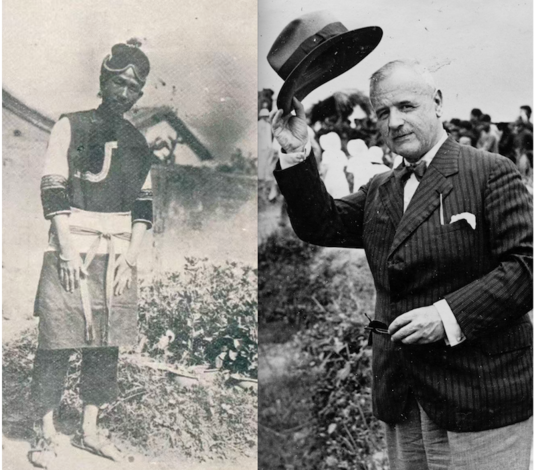 Yang Chengzhi (1902-1991), anthropologue et à l'époque maître assistant à l'université Sun Yat-sen, ici habillé comme un représentant d'une minorité du Yunnan ; et Victor Goloubew (1878-1945), archéologue du Cambodge et spécialiste d'histoire de l'art, membre permanent de l'EFEO à partir de 1927 (photos non datées)