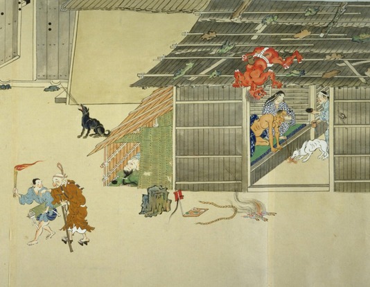 La "maison du bas-peuple", exemple de machiya médiévale "habitée", dans les "Rouleaux illustrés des divinités shintō de Kasuga" (Kasuga gongen genki-e, 1309). Dessin reproduit à partir du rouleau no 8.