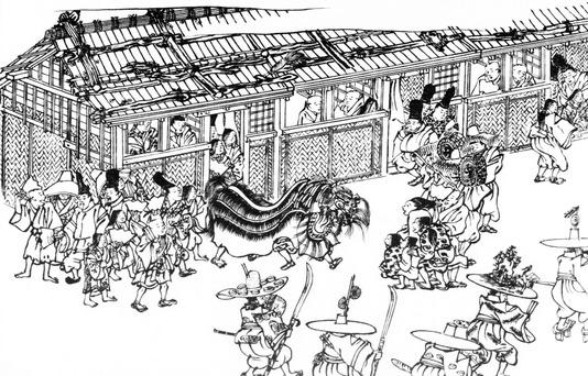 Représentation d’une rangée de machiya dans les "Rouleaux peints du Calendrier annuel des célébrations" (Nenjūgyōji emaki, XIIe s.) lors du rituel shintō d’Umaoki, consistant à parader à cheval pendant la cérémonie de Goryōe à l’occasion des Fêtes de Gion. Image retracée à partir du rouleau 7 conservé à la faculté de Lettres de l’université de Kyōto.